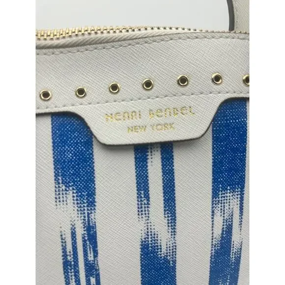 RARE Henri Bendel W 57th Ikat Satchel Tote Blue White & Bag Charm Coastal Chic - Picture 6 of 9